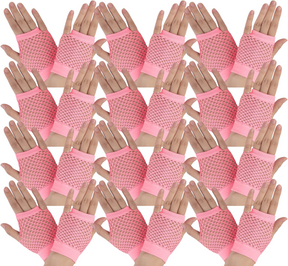 24 Pairs Light Pink Fishnet Gloves Bulk Pack - Fingerless Wrist Length (70s & 80s Costume/Party)