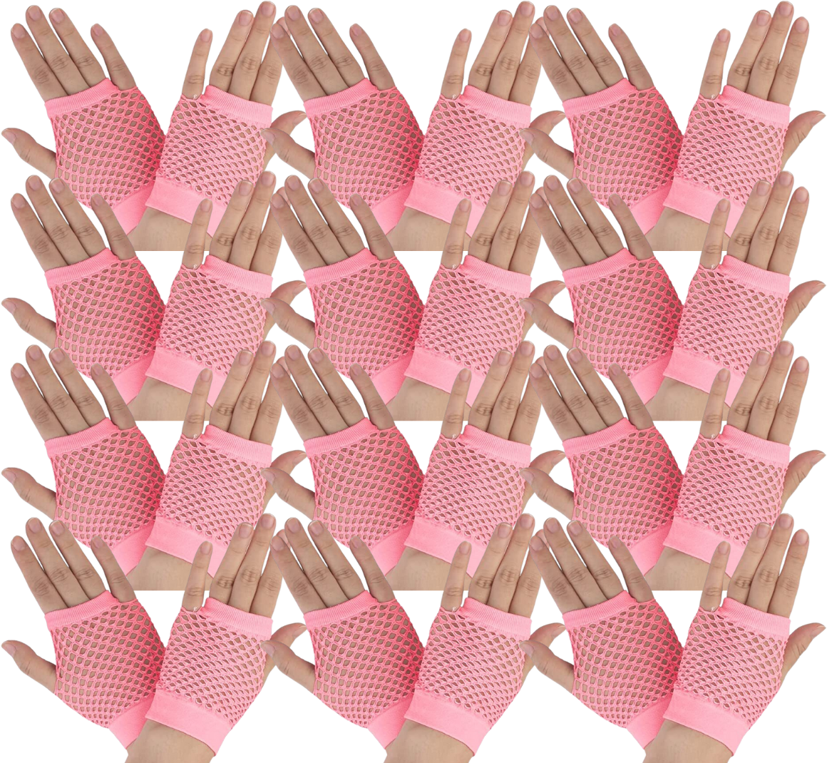24 Pairs Light Pink Fishnet Gloves Bulk Pack - Fingerless Wrist Length (70s & 80s Costume/Party)
