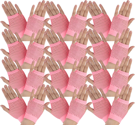 24 Pairs Light Pink Fishnet Gloves Bulk Pack - Fingerless Wrist Length (70s & 80s Costume/Party)