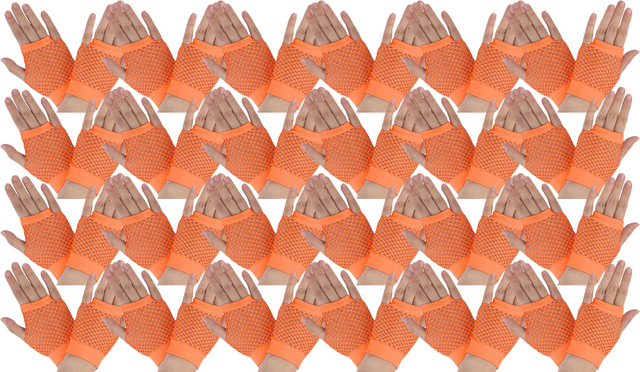 24 Pair Fishnet Gloves Fingerless Wrist Length 70s 80s Costume Party - Orange