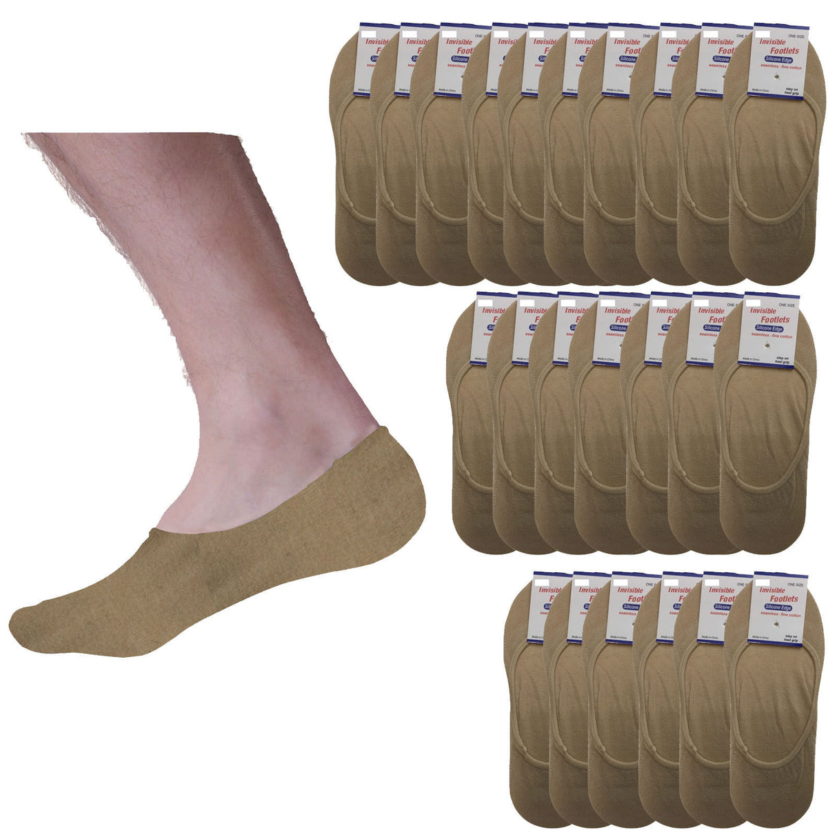 24 Pairs No Show Cotton Socks Bulk Pack - Beige (Non Slip Low Cut Invisible Footlet Socks)