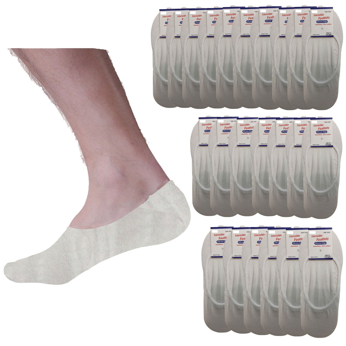 24 Pairs No Show Cotton Socks Bulk Pack - White (Non Slip Low Cut Invisible Footlet Socks)