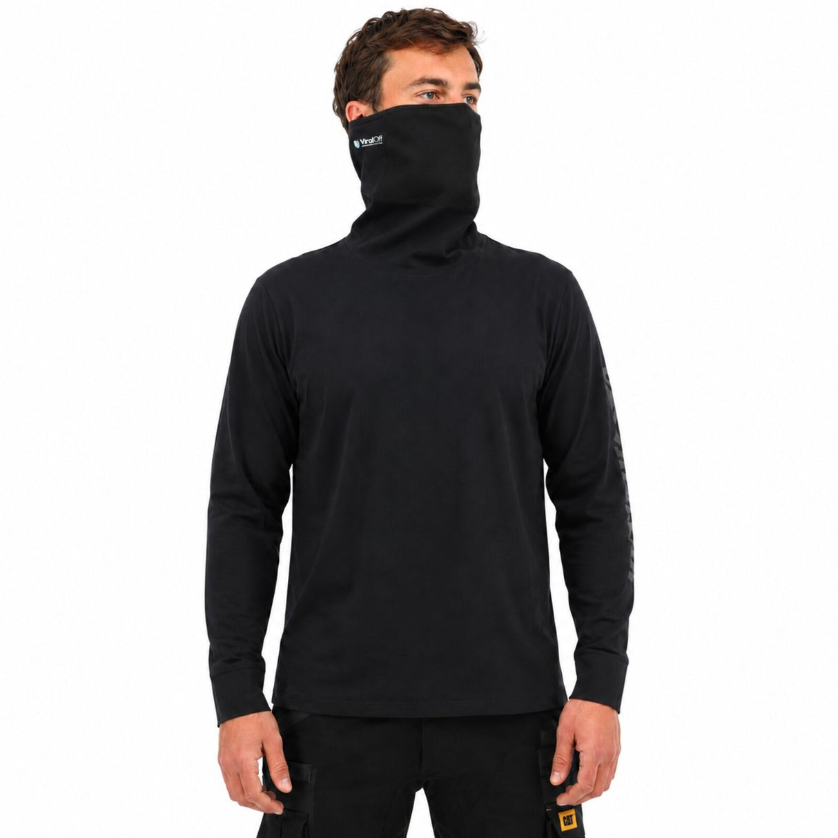 Caterpillar ViralOff Mens Long Sleeve Gaiter T-Shirt w/ Face Covering - Black