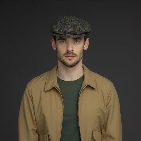 Bailey Mens Lord Stripe Harringbone Ivy Flat Hat Made In Italy - Black Multi