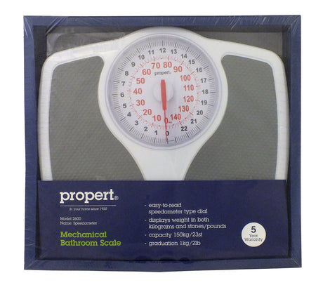 Propert 150kg Mechanical Bathroom Scales Speedometer Analogue - White/Grey