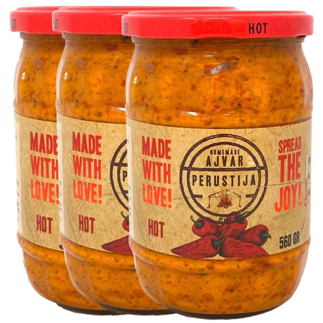 3x 560g Perustija Hot Ajvar Spread (Roasted Red Pepper Relish)