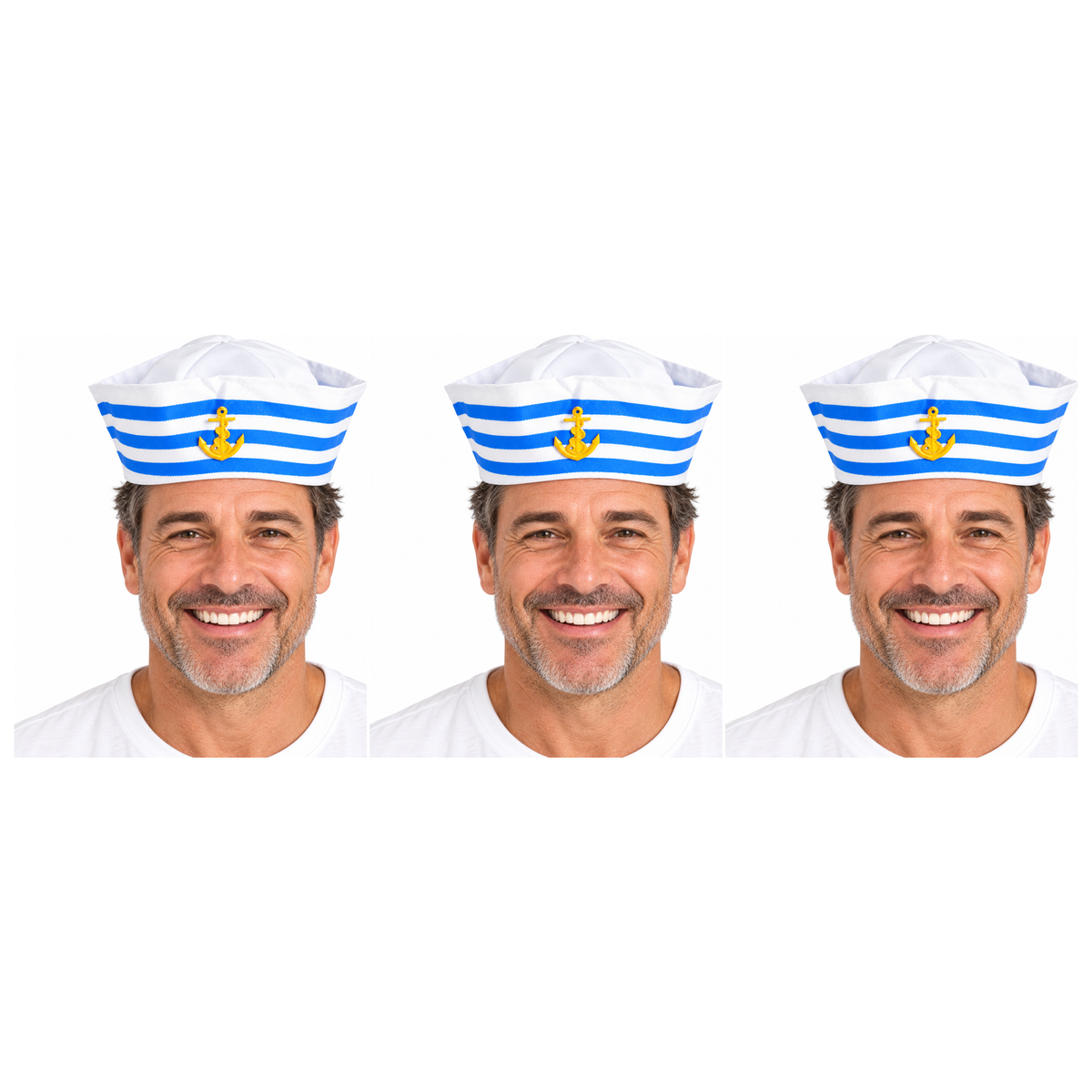 3x Blue/White Stripe Sailor/Marine Gob Hat w/ Anchor Pack - Unisex Navy/Hens Night Captain (Halloween & Fancy Dress)
