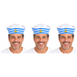 3x Blue/White Stripe Sailor/Marine Gob Hat w/ Anchor Pack - Unisex Navy/Hens Night Captain (Halloween & Fancy Dress)