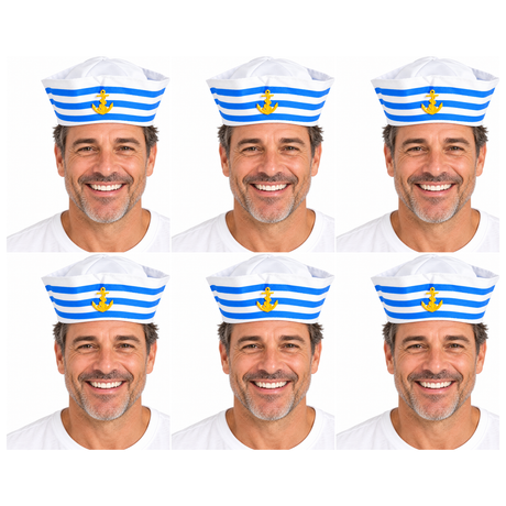 6x Blue/White Stripe Sailor/Marine Gob Hat w/ Anchor Bulk Pack - Unisex Navy/Hens Night Captain (Halloween & Fancy Dress)