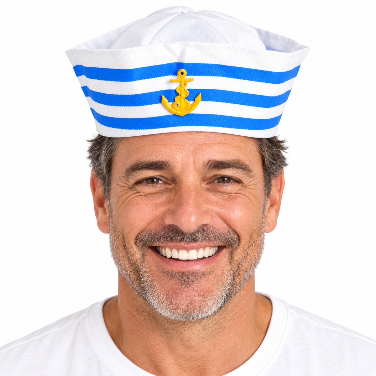 Adult Sailor Gob Hat Marine Captain Doughboy Cap w/ Anchor - Blue/White Stripe