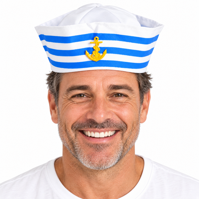 Adult Sailor Gob Hat Marine Captain Doughboy Cap w/ Anchor - Blue/White Stripe