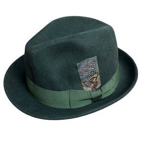 Avenel Mens 100% Wool Gangster Felt Hat - Loden Green (Petersham & Feather Trim)