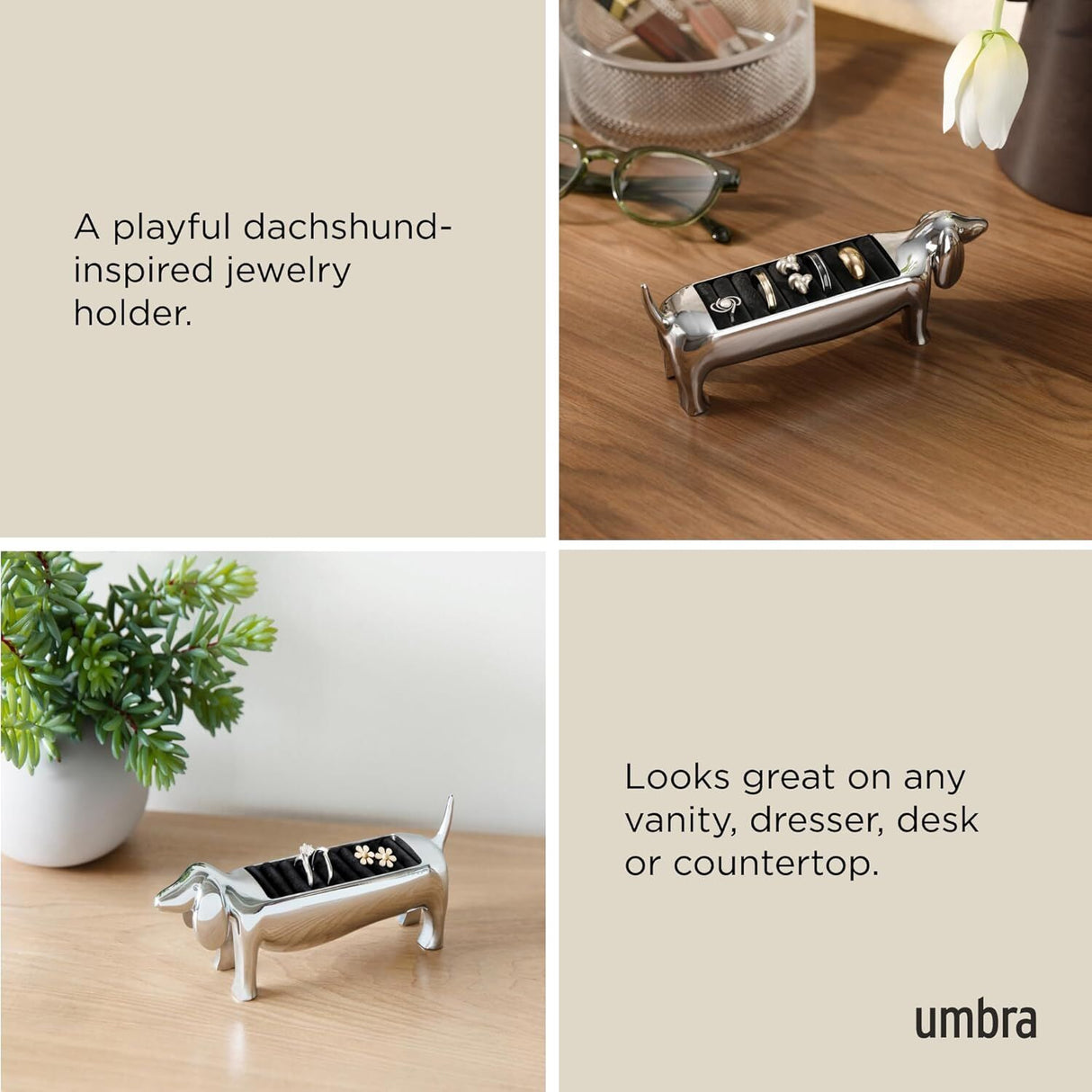Umbra Dachsie Dog Chrome Ring Holder - Dachshund Jewellery Holder (14x4x6cm)