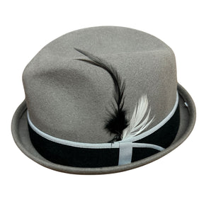 Avenel Mens 100% Wool Stingy Gutter Brim Felt Hat - Grey (Black/White Feather Trim) - Size M