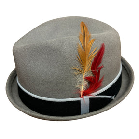 Avenel Mens 100% Wool Stingy Gutter Brim Felt Hat - Grey (Colourful Feather Trim) - Size M