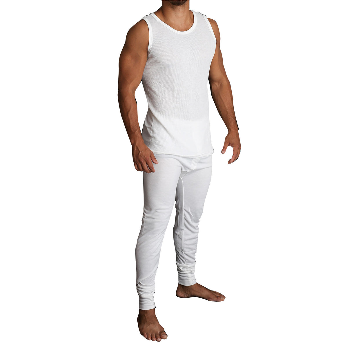 2pcs Mens Merino Wool Blend Thermal Singlet Top & Pants - Beige (Base Layer Underwear)