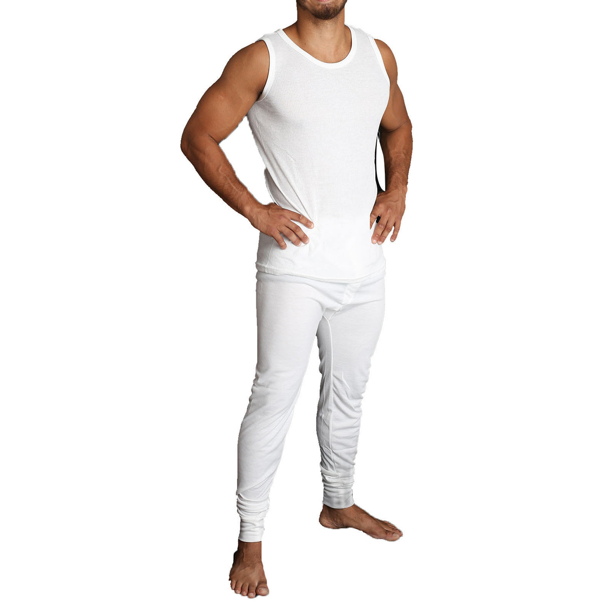 2pcs Mens Merino Wool Blend Thermal Singlet Top & Pants - Beige (Base Layer Underwear)