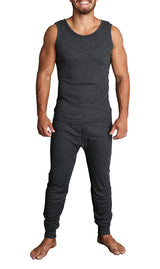 2pcs Set Mens Merino Wool Blend Thermal Singlet Top & Pants Underwear Thermals - Black