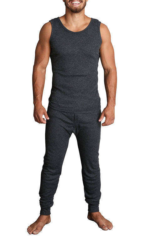 2pcs Mens Merino Wool Blend Thermal Singlet Top & Pants - Black (Base Layer Underwear)