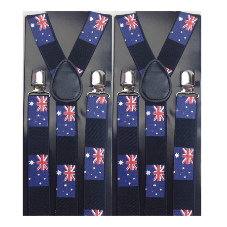 2x Mens Australia Flag Slim Suspenders - Strong Adjustable Clip On Braces for Party/Formals
