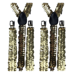 2x Gold Sequin Slim Suspenders - Strong Adjustable Clip On Braces for Weddings/Formals