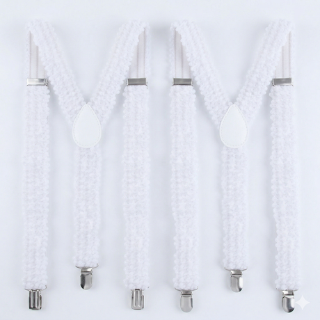 2x White Sequin Suspenders - Unisex Adjustable Clip On Elastic Y-Back Braces