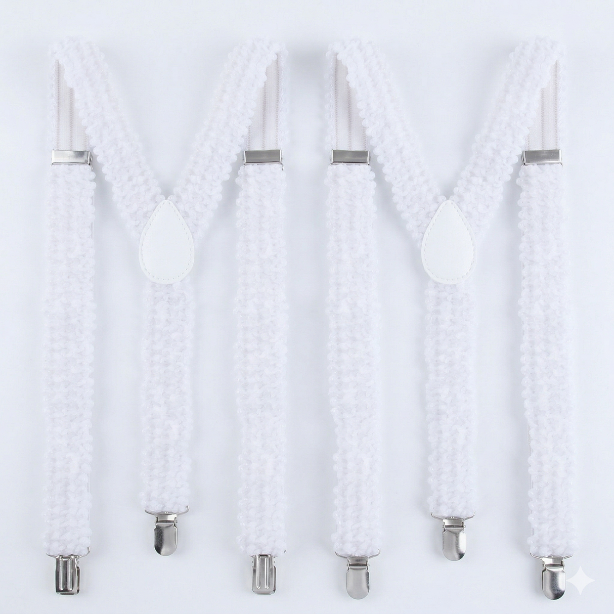 2x White Sequin Suspenders - Unisex Adjustable Clip On Elastic Y-Back Braces