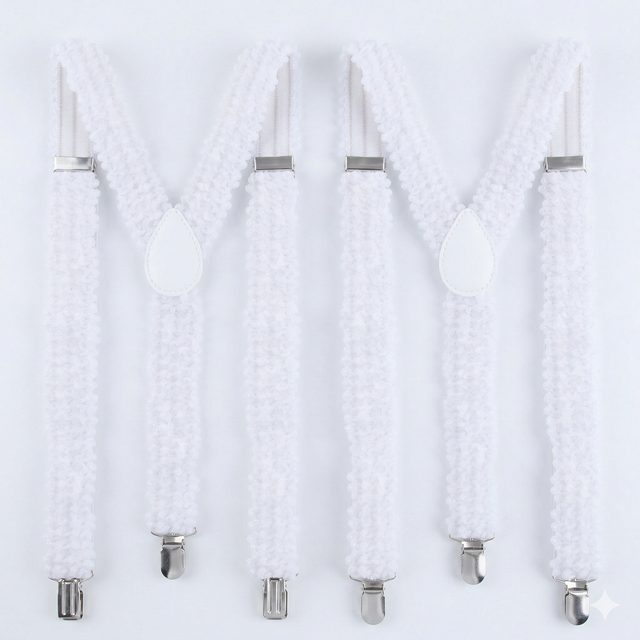 2x White Sequin Suspenders - Unisex Adjustable Clip On Elastic Y-Back Braces