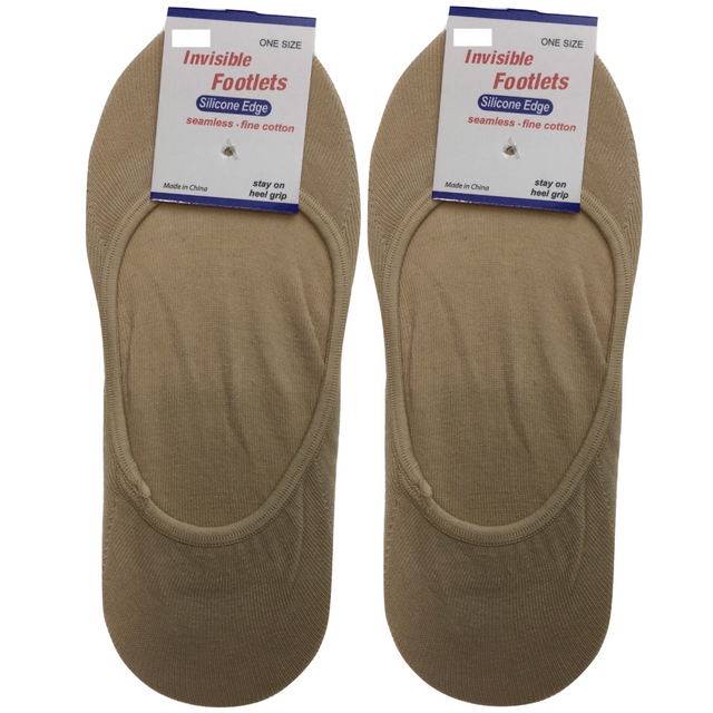 2x NO SHOW COTTON SOCKS Non Slip Heel Grip Low Cut Invisible Footlet Seamless - Beige - 6-11