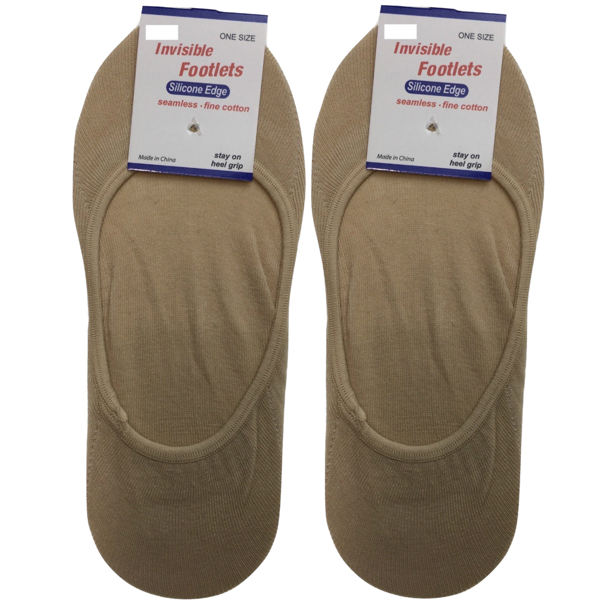 2 Pairs No Show Cotton Socks - Beige (Non Slip Low Cut Invisible Footlet Socks)
