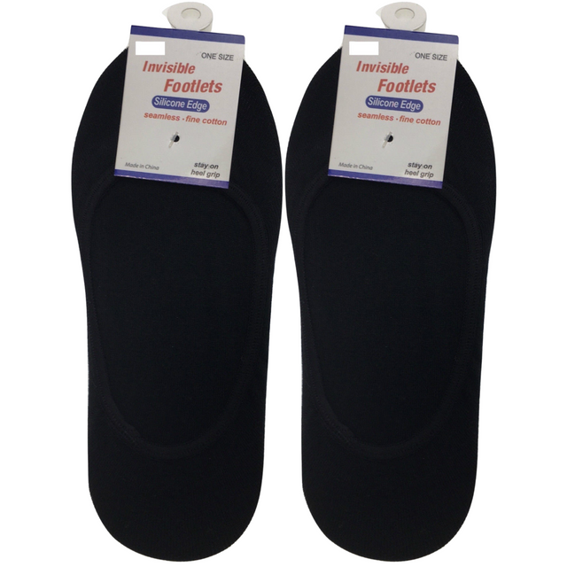 2 Pairs No Show Cotton Socks - Black (Non Slip Low Cut Invisible Footlet Socks)