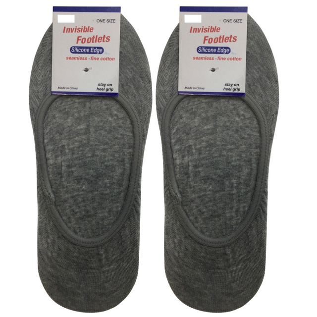 2x NO SHOW COTTON SOCKS Non Slip Heel Grip Low Cut Invisible Footlet Seamless - Grey - 2-8