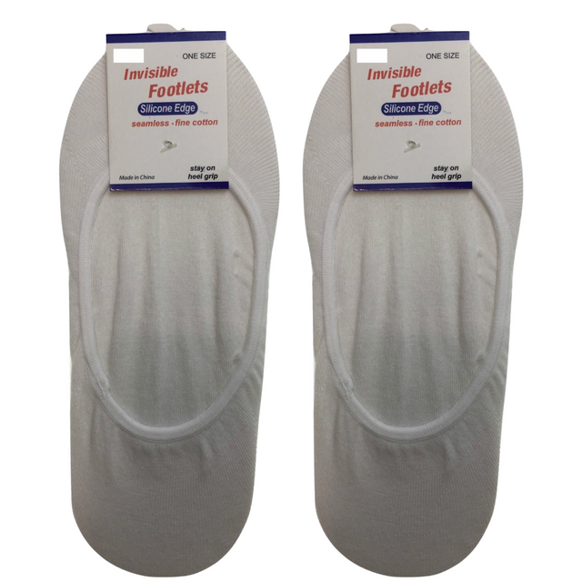 2x NO SHOW COTTON SOCKS Non Slip Heel Grip Low Cut Invisible Footlet Seamless - White - 2-8