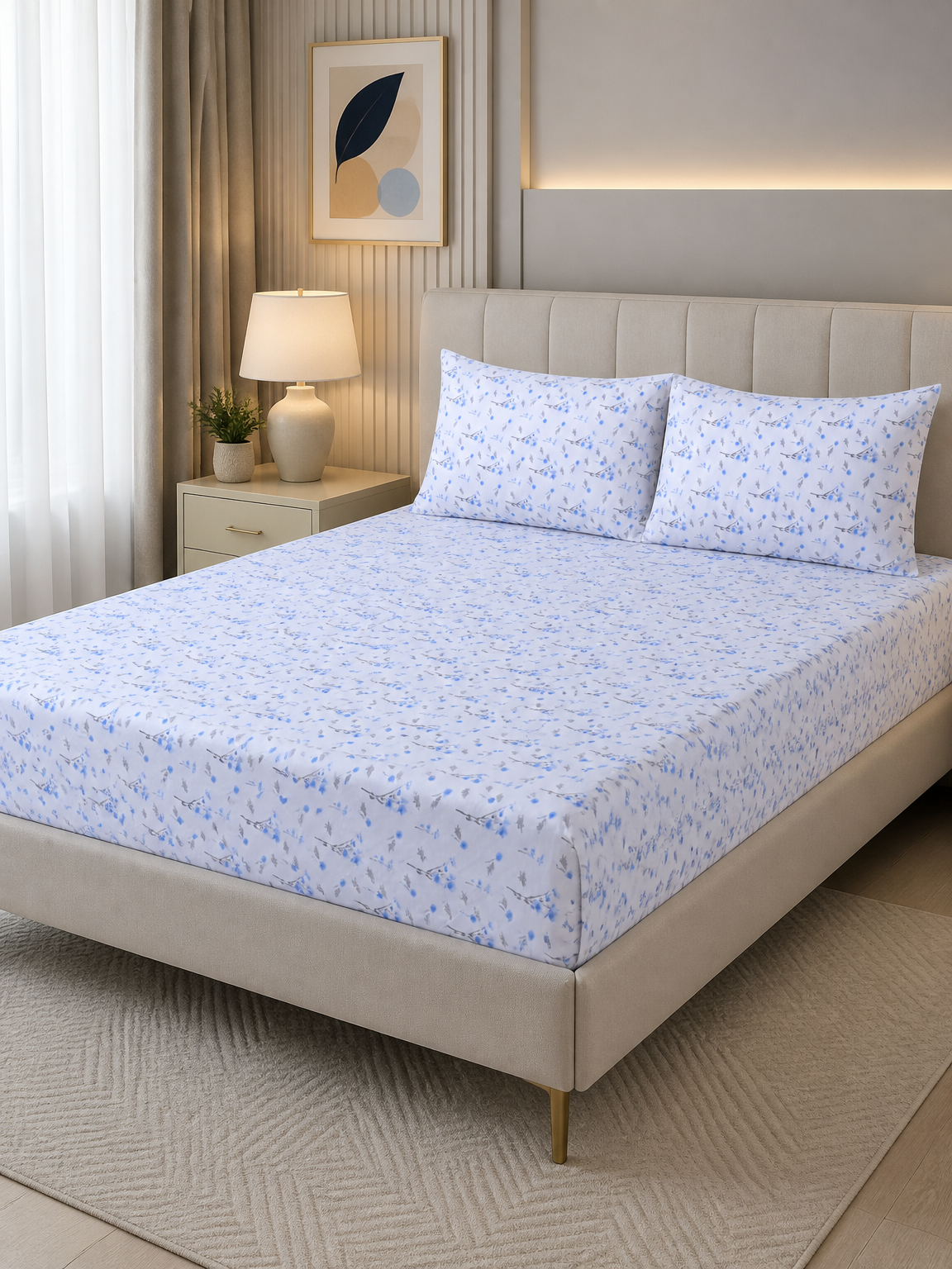 Azure Sprig Pure Cotton Fitted Bed Sheet + Pillowcase Set