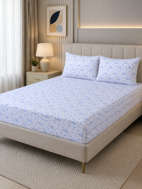 Azure Sprig Pure Cotton Fitted Bed Sheet + Pillowcase Set - Blue/White