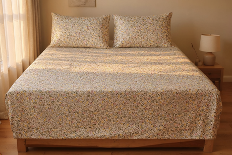 Botanical Mist Pure Cotton Fitted Bed Sheet + Pillowcase Set - Cream