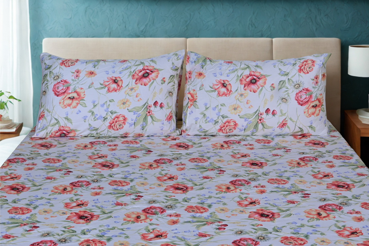 Floral Reverie Pure Cotton Fitted Bed Sheet + Pillowcase Set