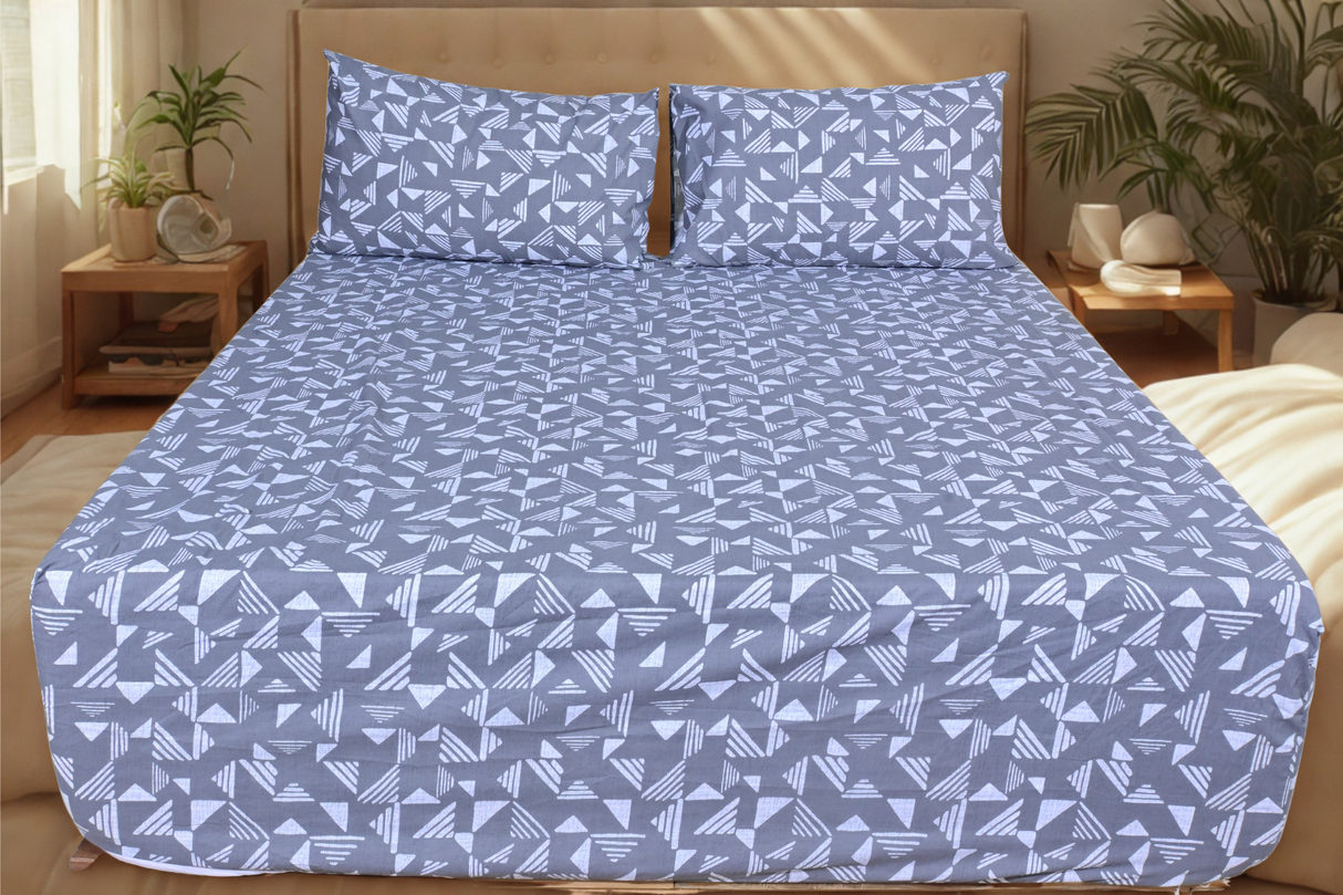 Geo Abstract Pure Cotton Fitted Bed Sheet + Pillowcase Set