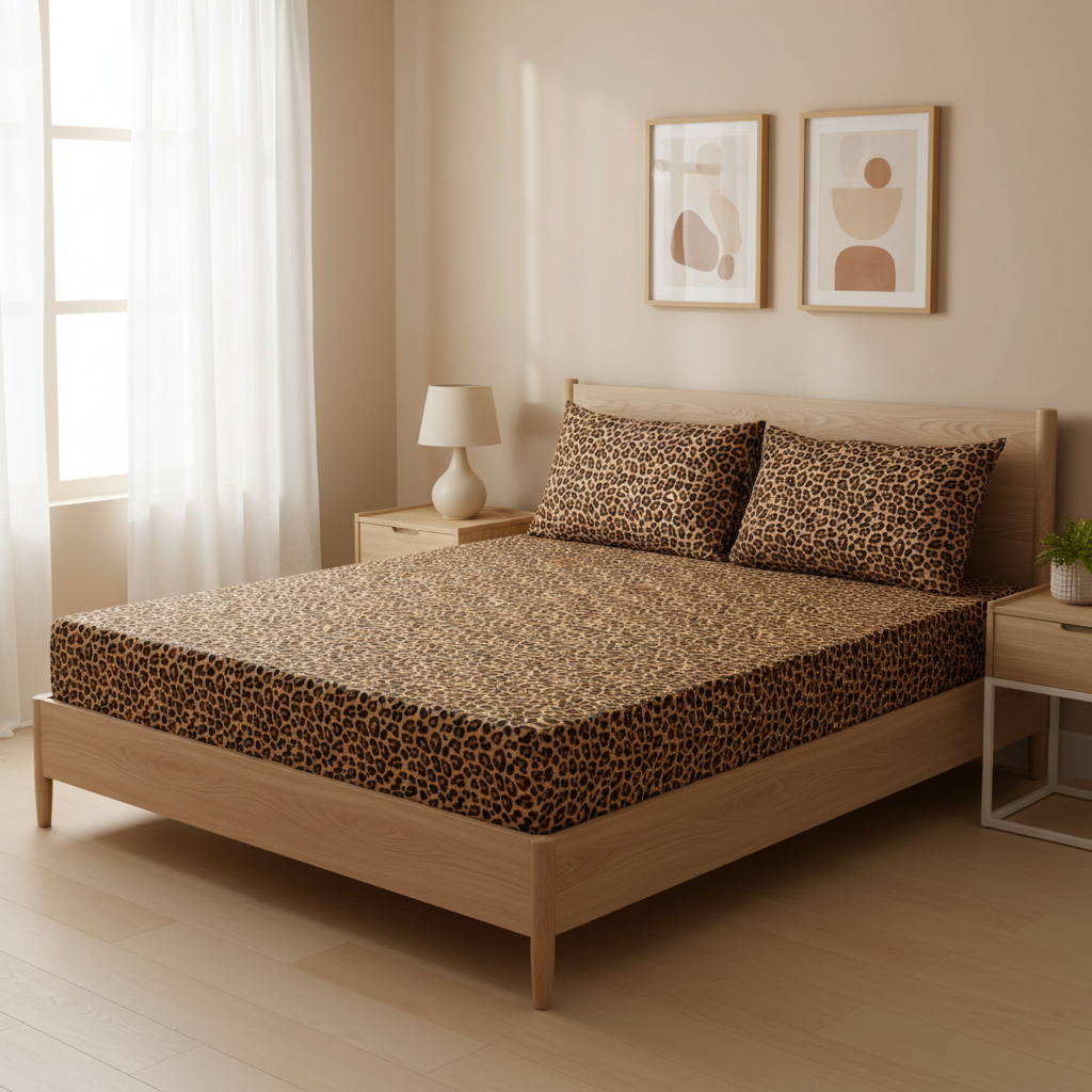 Glam Leopard Pure Cotton Fitted Bed Sheet + Pillowcase Set