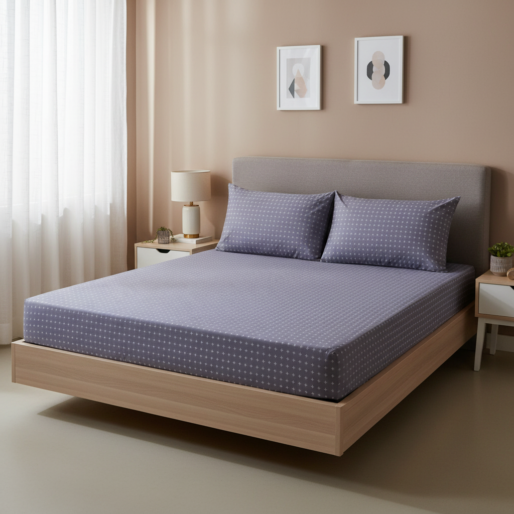 Hobart Mist Pure Cotton Fitted Bed Sheet + Pillowcase Set