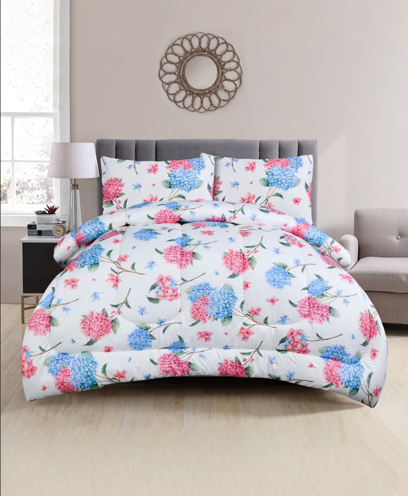 Meadow Bouquet Double Comforter Set w/ Fitted Sheet & 4 Pillow Covers - Pink/Blue (6 Piece Set)