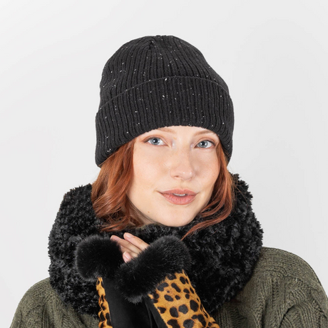 Dents Womens Ribbed Knit Wool Blend Beanie w/ Marl Yarn - Black