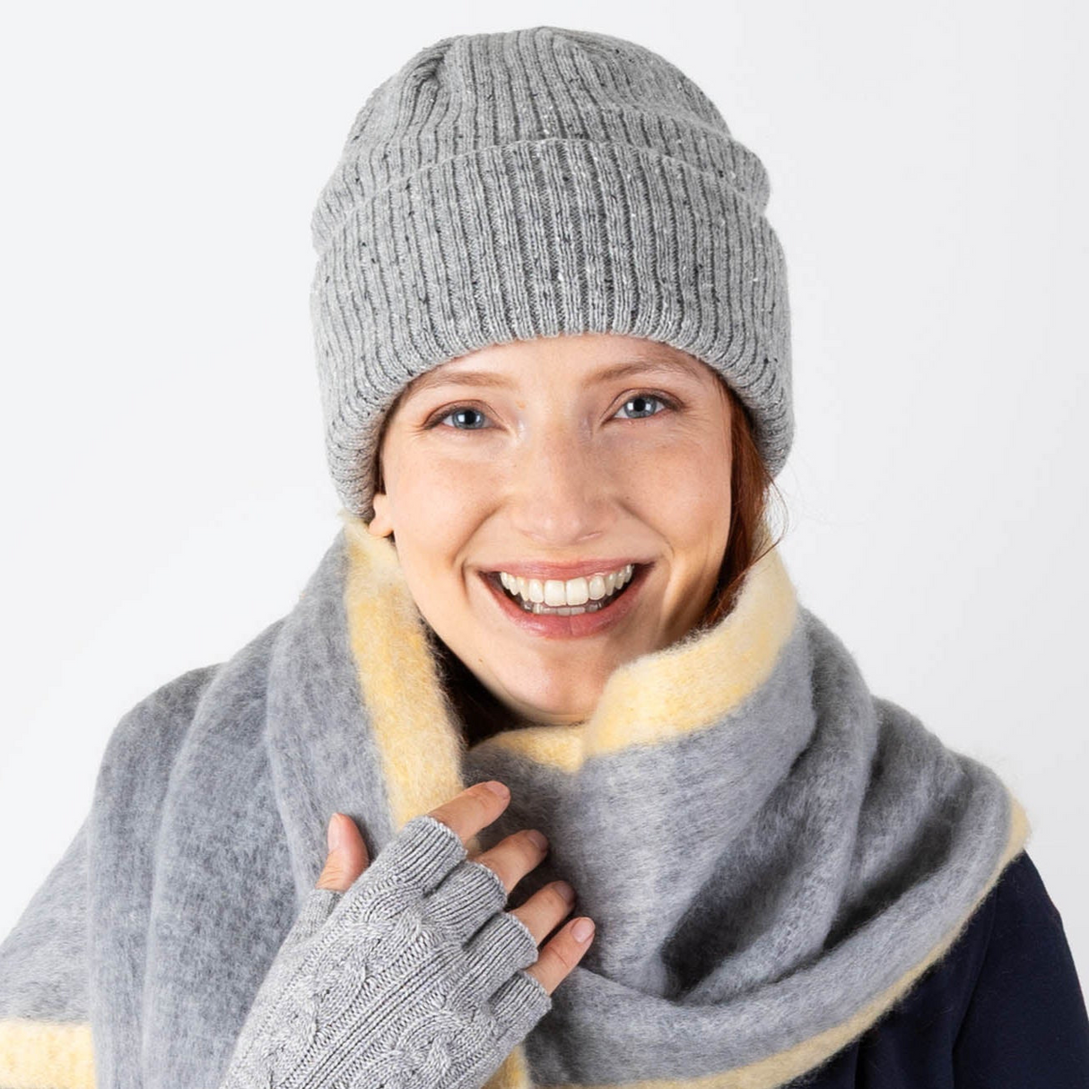 Dents Womens Ribbed Knit Wool Blend Beanie w/ Marl Yarn - Dove Grey