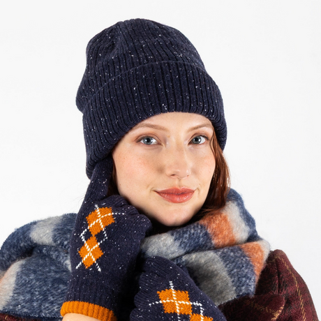 Dents Womens Ribbed Knit Wool Blend Beanie w/ Marl Yarn - Navy Blue