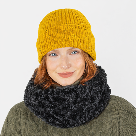 Dents Womens Ribbed Knit Wool Blend Beanie w/ Marl Yarn - Ochre Yellow