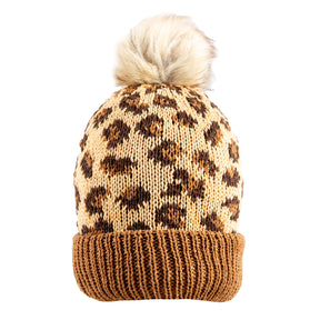 Dents Women’s Jacquard Knitted Bobble Hat with Leopard Print Pattern and Faux Fur Pom - Tan