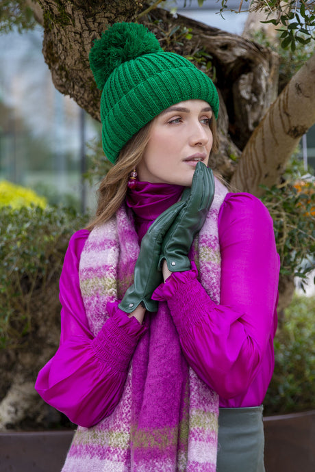 Dents Women’s Ribbed Knit Bobble Beanie - Emerald Green