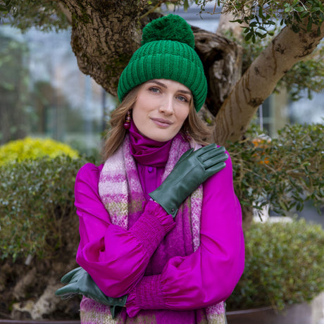 Dents Women’s Ribbed Knit Bobble Beanie - Emerald Green