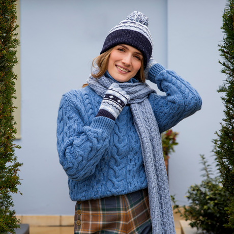 Dents Womens Jacquard Wool Blend Beanie Hat w/ Pom Pom - Cornflower