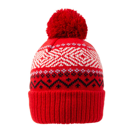 Dents Women's Jacquard Knitted Bobble Hat - Berry Red (Faux Fur Pom Pom Beanie)